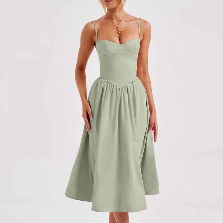 SnnmBlm Womens Corset Dress Elegant Spaghetti Strap Bustier Midi Dress Low  Cut Flowy Pleated Hem Formal Dresses Mint Green L - Walmart.com