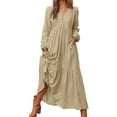thumbnail image 4 of vigerkar Women's Linen Maxi Dress Long Sleeve Casual V-Neck Tiered Ruffle Dress Boho Beach Pleated Long Dress Beige, XL, 4 of 9