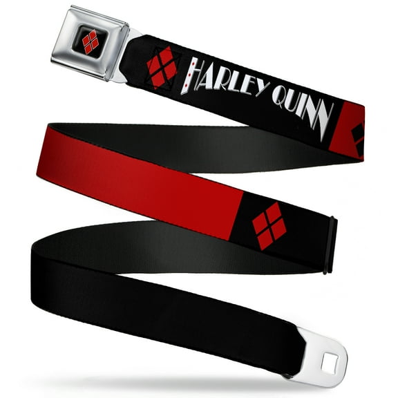 DC Comics Belt, Seatbelt Buckle Belt, Harley Quinn Diamonds Black Red White, 30 to 44 Inches