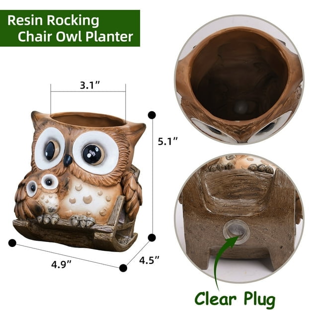 Quoowiit Cute Owl Plant Pots Indoor,Resin Small Succulent Pots with Drainage Hole,Rocking Chair Planters for Outdoor Indoor Plants,Gift Ideas for Mother