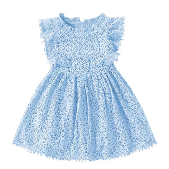 MeetoTime Robe d'Été en Dentelle pour Filles Manches Volantes Col Rond Robes Couleur Unie 1.5-6 Ans Vêtements pour Bébé