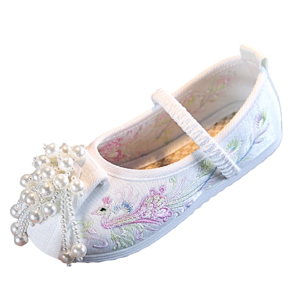 LNMQLPDBS Baby Girl Shoes Girls Trendy Floral Embroidered Dress Shoes Fashionable Children Flat Performance Shoes with Pearl Fringe Decoration Toddler Floor Shoes Girls Slip On Shoes