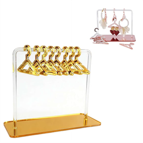 chimushi Hanger-Shaped Acrylic Earring Storage Display Stand, 8 Mini Hangers Jewellery Organizer with Base, Clear Earring Holder for Studs Dangle Earrings, Vanity Dresser Decor Gift for Women