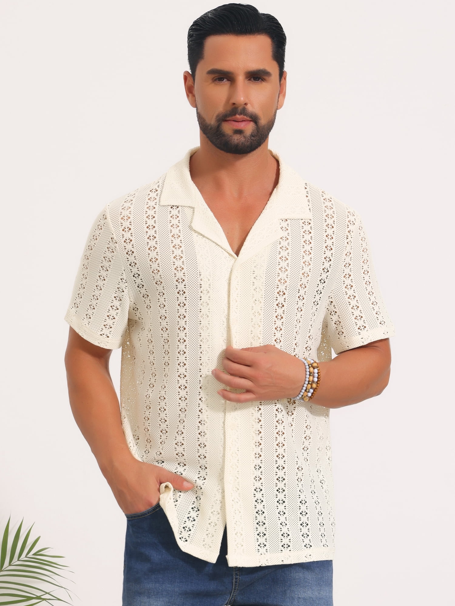 DARING DIVA Men's Hawaiian Camp Collar Button Down Short Sleeve Textured Shirts L Beige