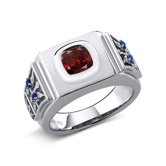 Gem Stone King 2.78 Ct Cushion Red Garnet Blue Created Sapphire 925 Silver Men's Ring (Size 13)