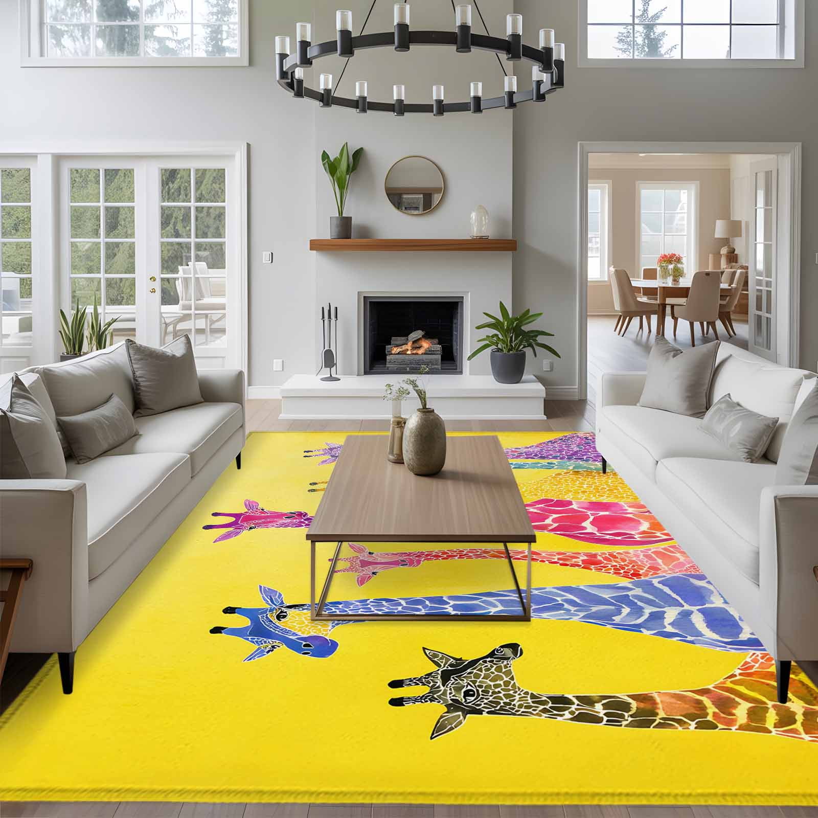 8x10 Area Rugs for Living Room, Colorful Giraffe Non Slip Area Rugs for Kitchen Bedroom Entryway, Watercolor Cute Cartoon Yellow Washable Carpet Runner Rug Floor Mats for Bedroom Home Decor