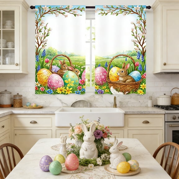 Yhmxh Easter Kitchen Curtains 2 Piece Set Spring Bunny Curtains Rabbits Divider Curtains Tiers for Kitchen Home Cafe Indoor Short Window Curtain Over Sink Window Farmhouse Easter Decor 27.6"x39.4"
