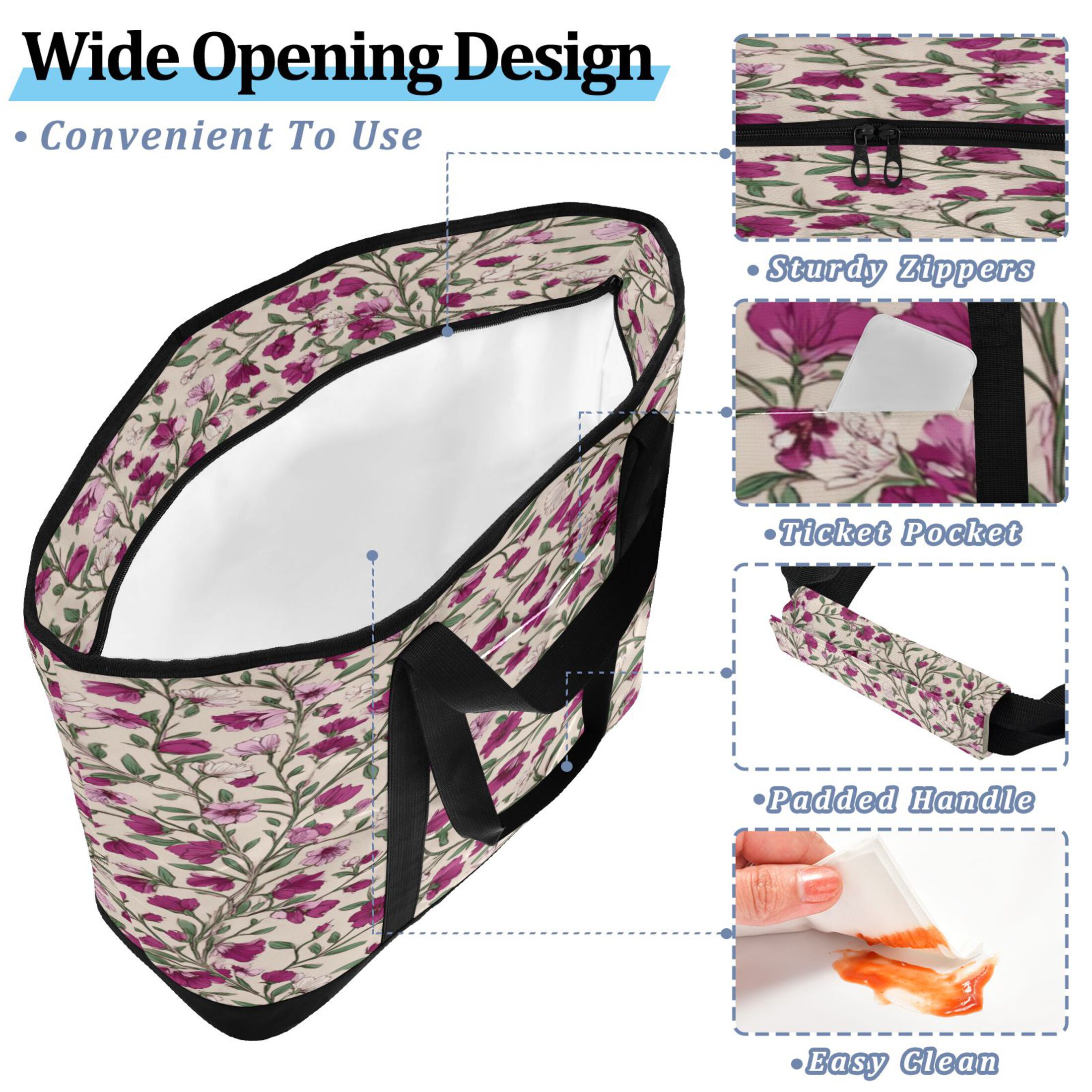 Extra-Large Wide Opening Design Capacity Hand-Held Ice Pack Thickened Insulation Layer For Long-Lasting Cold Retention For Outdoor Shopping Picnics And Camping Red-pink Magenta Flowers