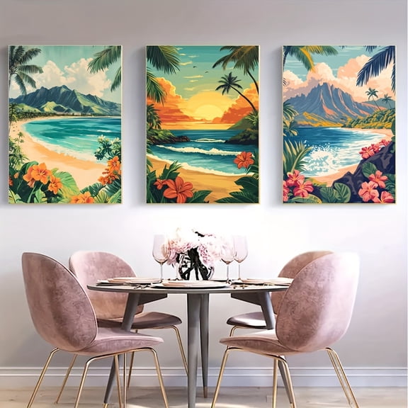 3pcs Canvas Wall Art Set- Tropical Beach Landscape Poster, Retro Hawaiian Ocean Sunset Print, Frameless Artwork, Suitable for Living Room, Bedroom, Home Office, Classroom Decoration