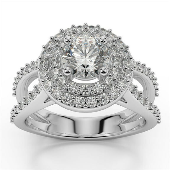 Women's Double Halo Shank Engagement Ring, Split Shank Proposal Bridal Wedding Ring, 2 Ct Simulated Round Cut Diamond Ring, 14K White Gold Plated, Pave Set Anniversary Ring For Her Special Occasion