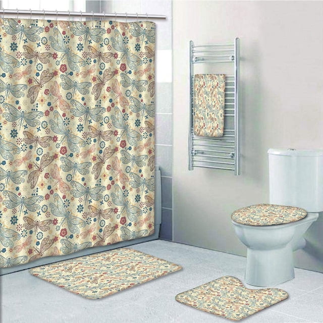 EREHome Libellule Vintage Rétro Hippie avec Ailes de Fleurs Bourgeons Feuilles Ensemble de Salle de Bain 5 Pcs Rideau de Douche Serviette de Bain Tapis de Bain Tapis Contour et Housse de Couvercle de Toilette