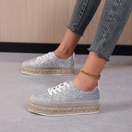 

Cathalem Women Size 12 Casual Shoes Ladies Fashion Solid Color Sequin Breathable Lace Up Platform Shoes Womens Casual Boots Silver 6.5