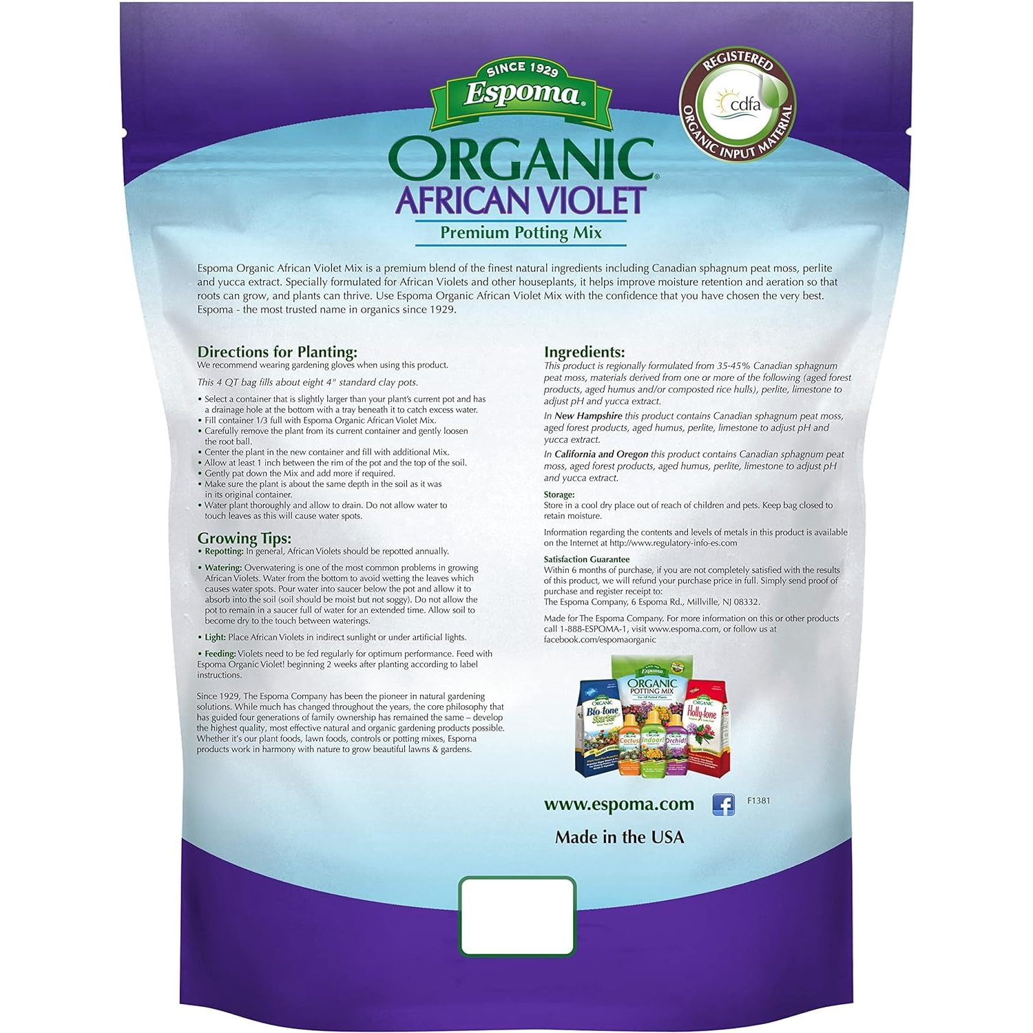 Espoma Organic Natural and Organic Premium Potting Soil Mix for African Violets and all Indoor Flowering Houseplants. For Organic Gardening. 4 Quart Bag – Pack of 2