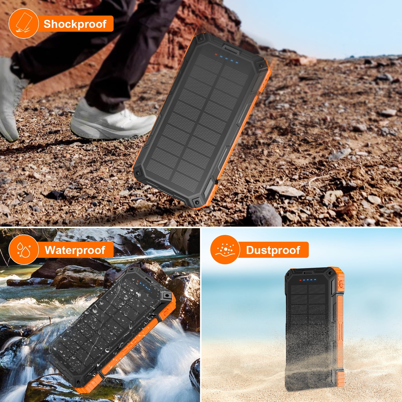 SOLPOWBEN 49800mAh Solar Charger Power Bank for iphone android Solar Power Bank Wireless Charger and 4 Built-in Cables,Dual Flashlights Battery Pack for Outdoor Camping Hiking (Orange)