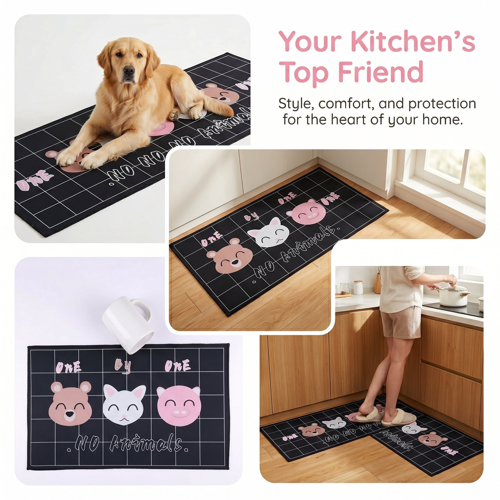 Unique Bargains Non Slip Animal Floral Printed Kitchen Rugs and Mats Black 24"x16"+47"x16"