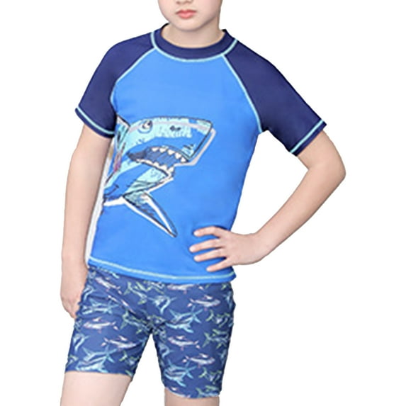 DPOIS Boys 3 Piece Rash Guard Swimsuits Short Sleeve Swimwear Sets Shirt Trunks Shorts with Swim Hat Bathing Suit Shark Print 6-7