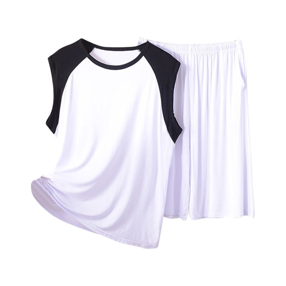 Lopecy-Sta Cooling Pajamas for Men Gift for Men Men's Summer Loose Color Blocked Set Round Neck Short Sleeve Tank Top with Shorts Home Clothes Two Piece Set