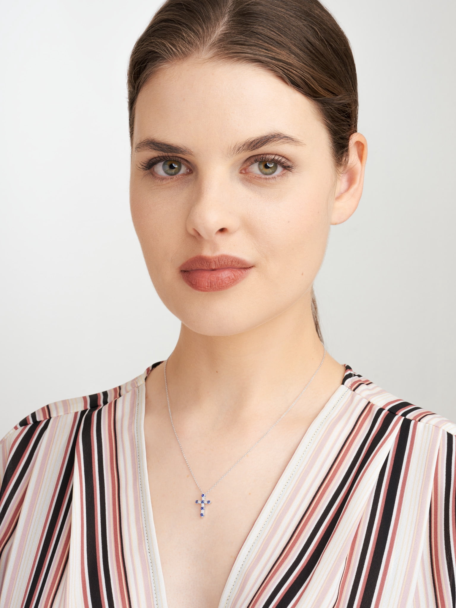 Forever Facets Jewelry Platinum Over Sterling Silver Created Blue Sapphire and 1/8th Carat Total Weight Lab Grown Diamond Cross Necklace, 18" Cable Chain with 2" Extender (H-I Color, I1 Clarity)