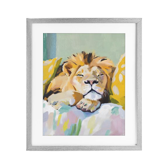 Stupell Industries Cottage Sleeping Lion on Pastel Pillows Gray Framed Print Under Glass, 13 x 16, by The Prints Vibe