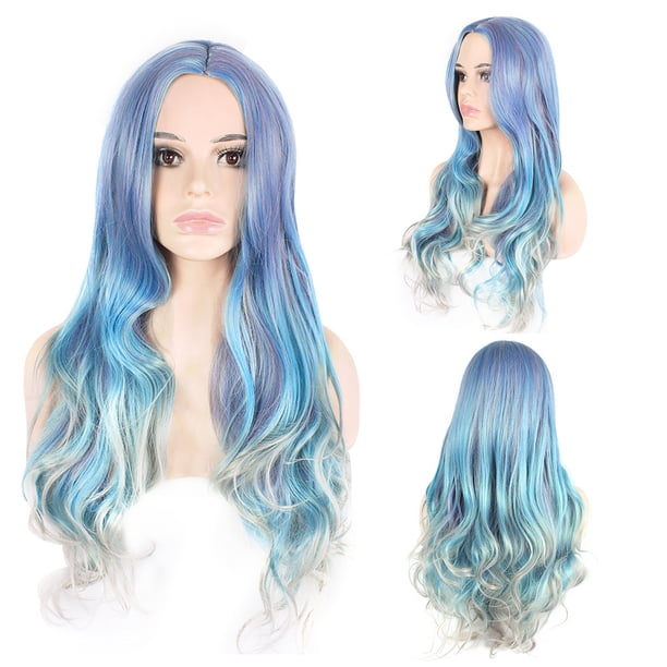 Peluca larga ondulada para cosplay, azul y gris, 70 cm, sintética Heat R