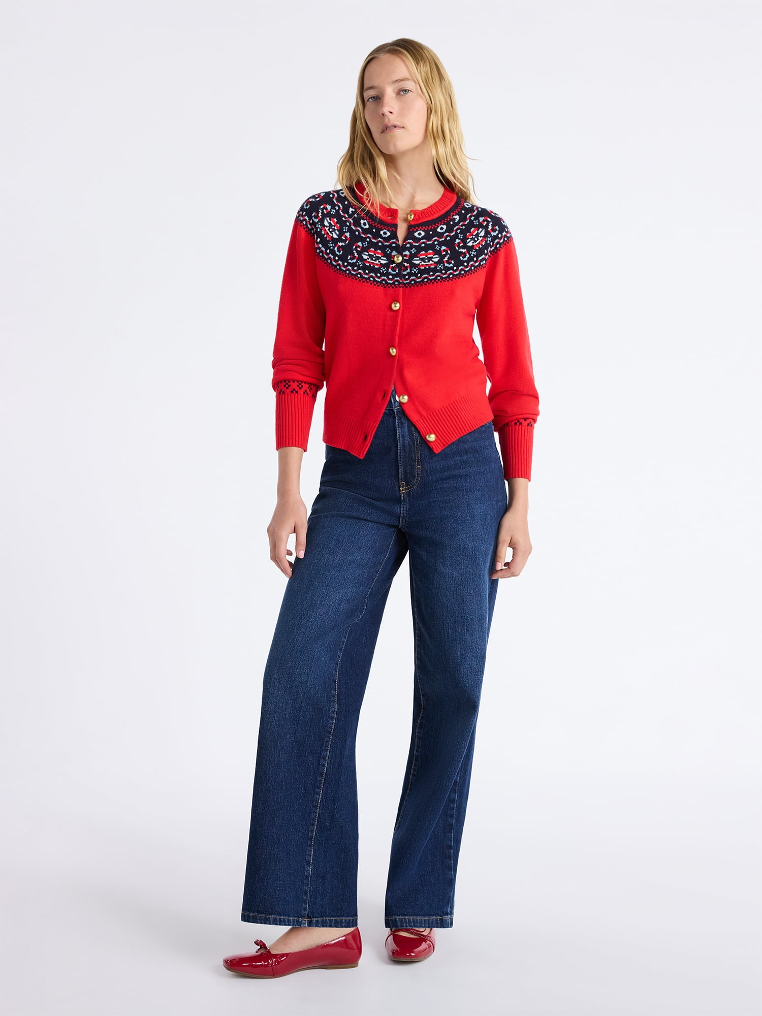 Free Assembly Women's Cozy Yarn Fair Isle Cardigan Sweater, Midweight, Sizes XS-XXL