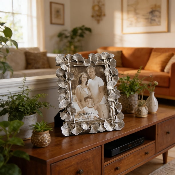 Marco fotográfico de hoja de resina ginkgo 6x6 in | Oro, Plata | Montaje decorativo de mesa o de pared | Diseño de relieve 3D, resistente a las fracturas duraderas | Fácil de limpiar, acento de lujo