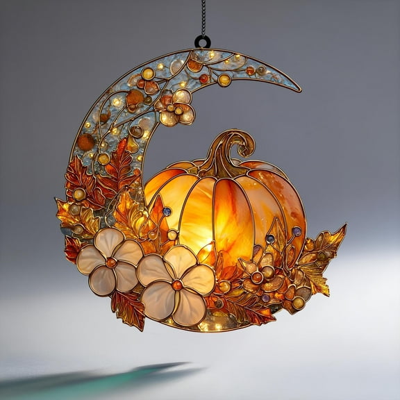 Autumn Pumpkin Crescent Moon Acrylic Suncatcher ? Fall Floral Window Hanging, Thanksgiving Home D‚cor Gift