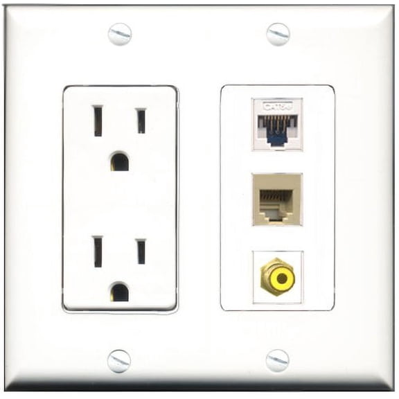 RiteAV - 15 Amp Power Outlet 1 Port RCA Yellow 1 Port Phone Beige 1 Port Cat5e Ethernet White Decorative Wall Plate