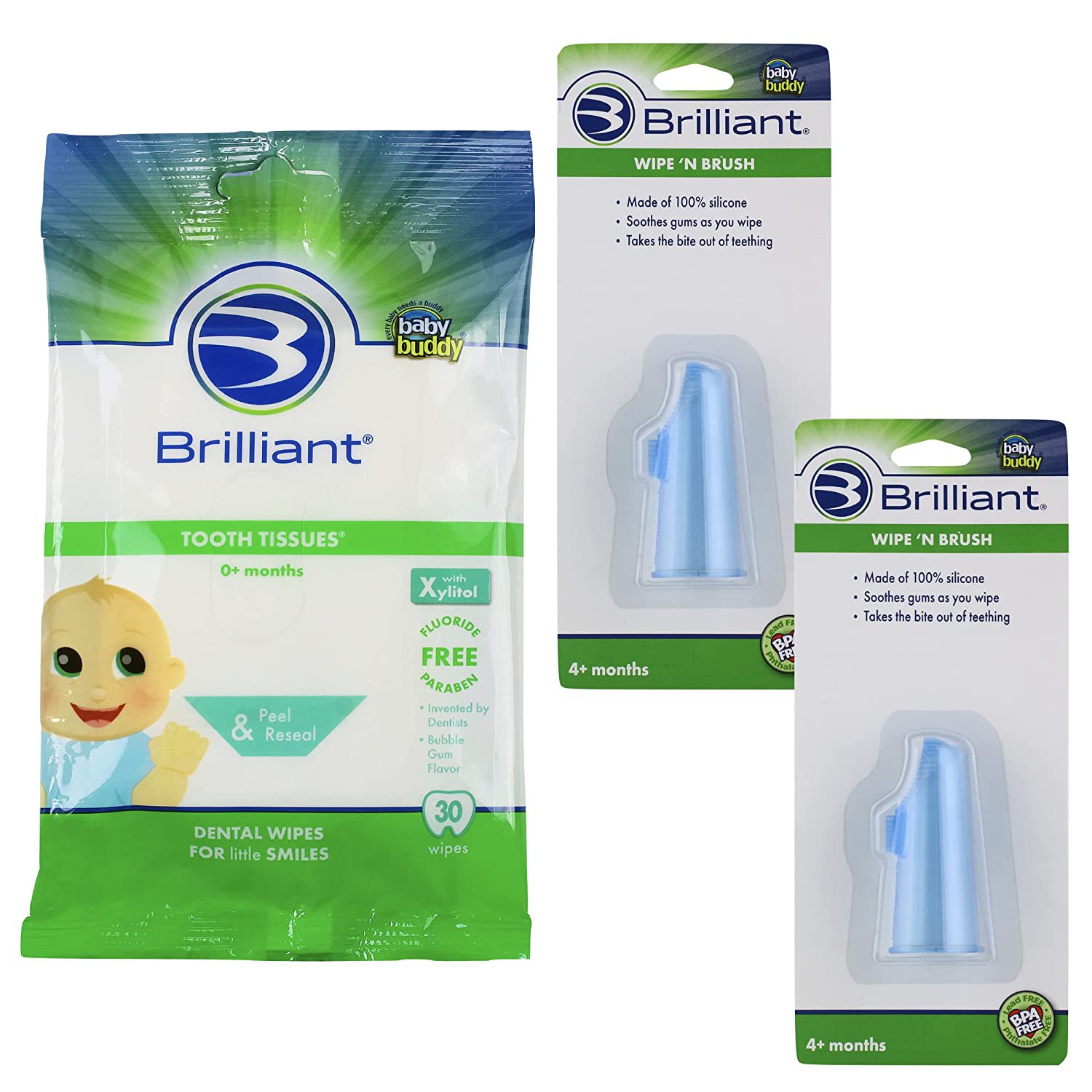 Brilliant Bundle with Tooth Tissues Xylitol Wipes Bubblegum Flavor 30 Count and Soft Silicone Wipe-N-Brush Brush, Blue 2 Pack