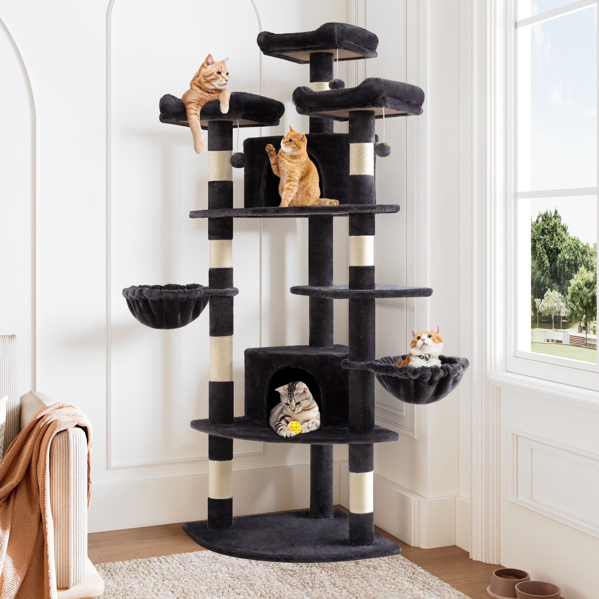 Allewie 73in Fan-Shaped Space-Saving Corner Cat Tower, Multi-Level Tall Cat Tree for Indoor Kitties, Cozy Baskets, Condos, House, Perches, Sisal Scratching Posts, Dark Grey
