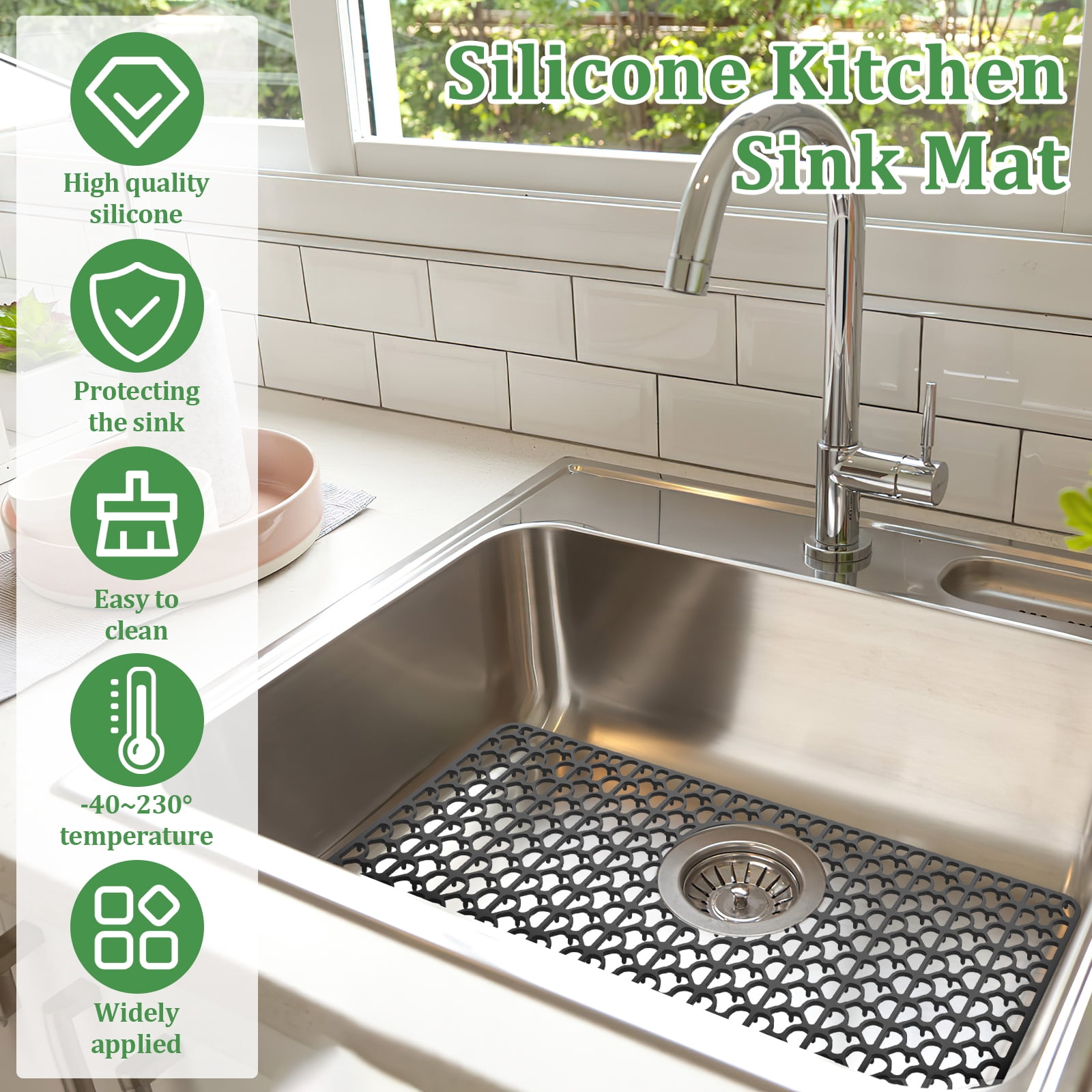 Tzgsonp Silicone Sink Protectors for Kitchen, Anti-Slip Sink Mat Folding Sink Drain Mat Dish Drying Pad, Black, 25.98*13.78inch