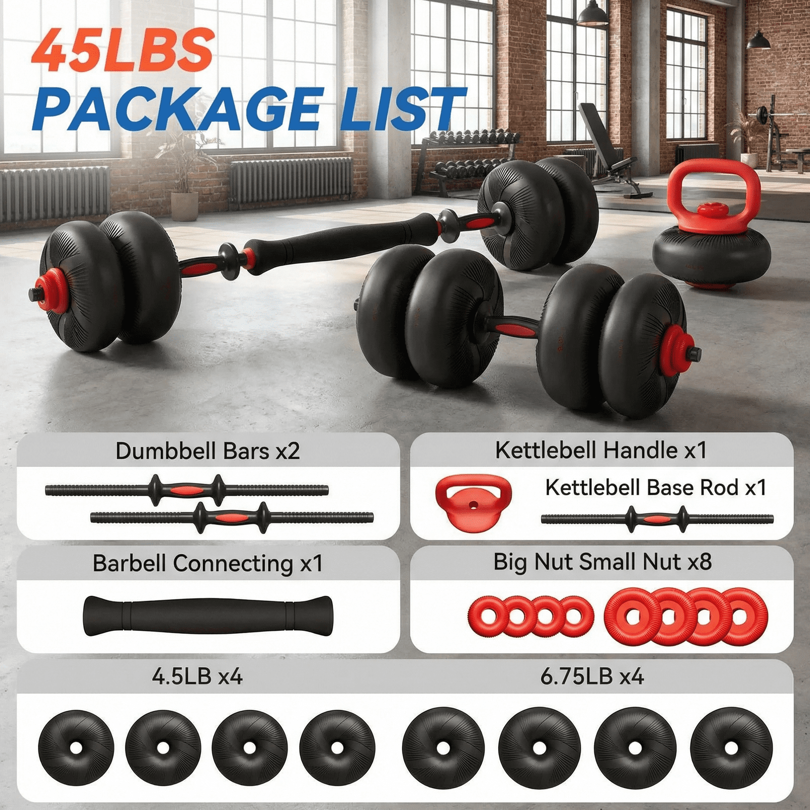 LIFERUN Adjustable Dumbbell Set, Soft PVC, 45lbs/67lbs Free Weight Set. 4-in-1: Barbell, Dumbbells, Kettlebell, Weight Plates,Red