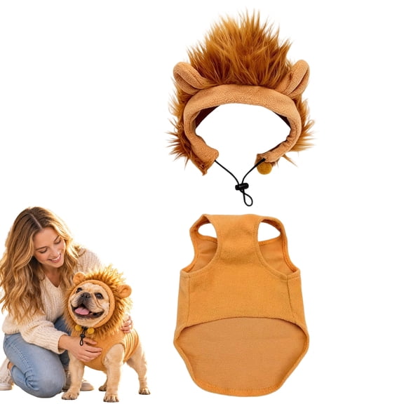 Dog Lion Mane Costume, 2-Piece Fleece Sweater Outfit with Hood, Halloween Pet Cosplay (S)