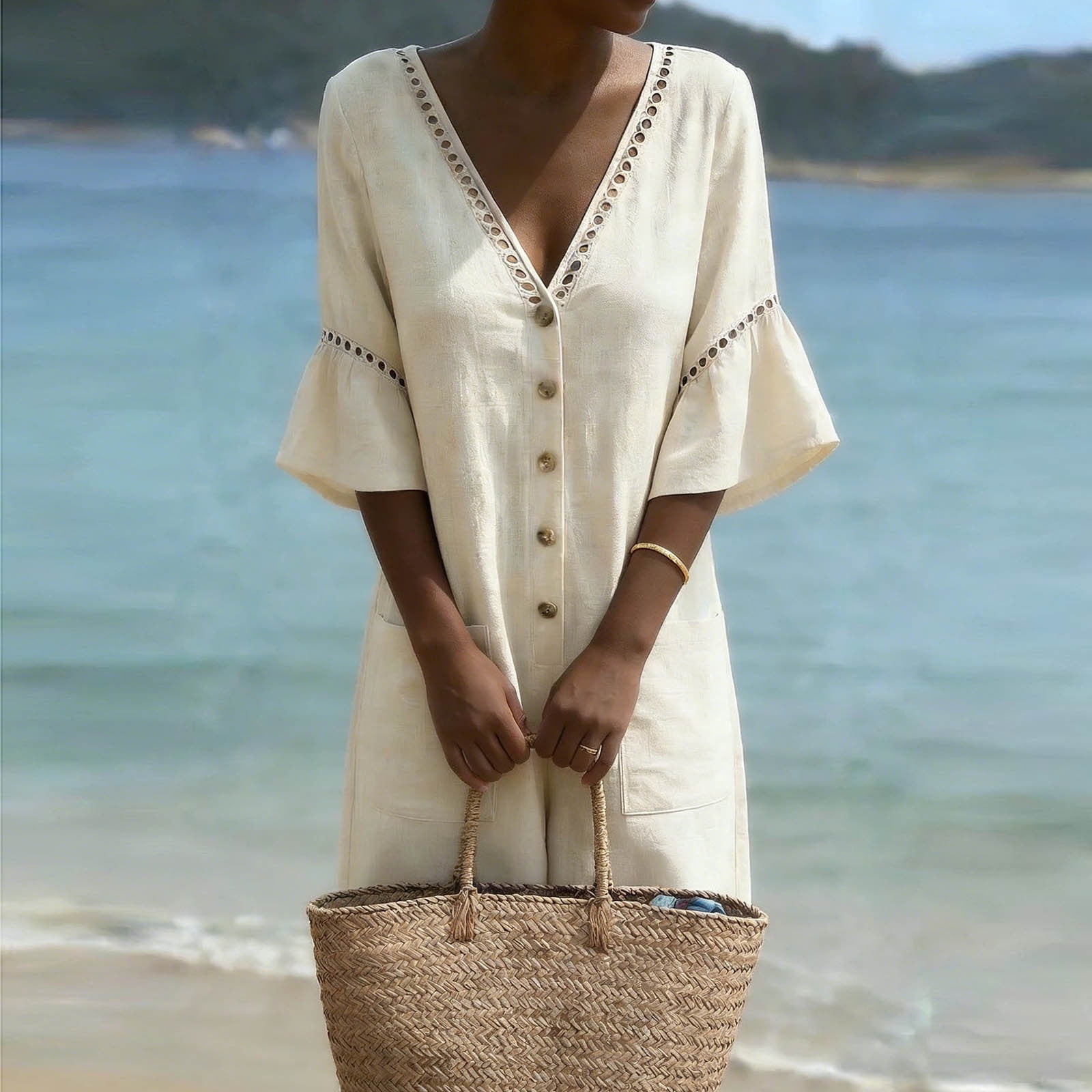 UPPADA Beach Jumpsuits for Women Casual V Neck Eyelet Trim Romper Short Sleeve Button Linen Overall Vacation Outfits with Pockets Beige,S