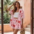 thumbnail image 3 of FKEKYI Pink Bow Strawberry Print Women's 2 Piece Set Summer Short Shirt Open Front Top & Relaxed Shorts with Elastic Waist Soft Vacation Outfit Loungewear Beachwear, L, 3 of 7