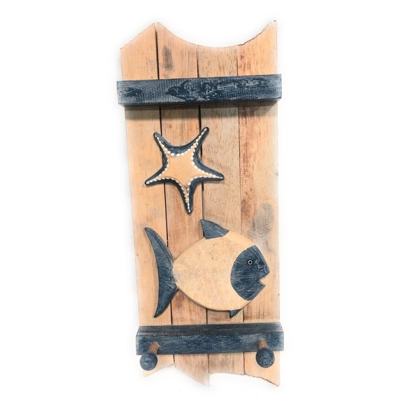 Fish & Starfish Hanger 20" w/ 3 Pegs - Rustic Whitewash Coastal Decor | #Snd2501046
