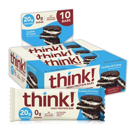 think! Protein Bars  High Protein Snacks  Gluten Free  Sugar Free Energy Bar with Whey Protein Isolate  Cookies and Crme  Nutrition Bars without Artificial Sweeteners  2.1 Oz (10 Count)