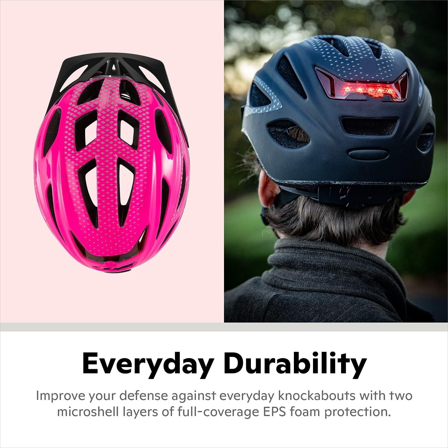Lighted Helmet for Adults, Size 58 - 62 cm for Riders Ages 14+, Rear LED Light, Reflective Strips, Adjustable Dial and Straps, 17 Air Vents, Removable Visor, Adult Bike Helmet