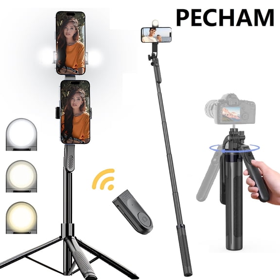 Pecham 82" Selfie Stick Tripod with Fill Light, 360°Rotation Anti-shake Extendable Tripod with Remote Compatible with Phone/Camera/Ring Light/DJI/GoPro