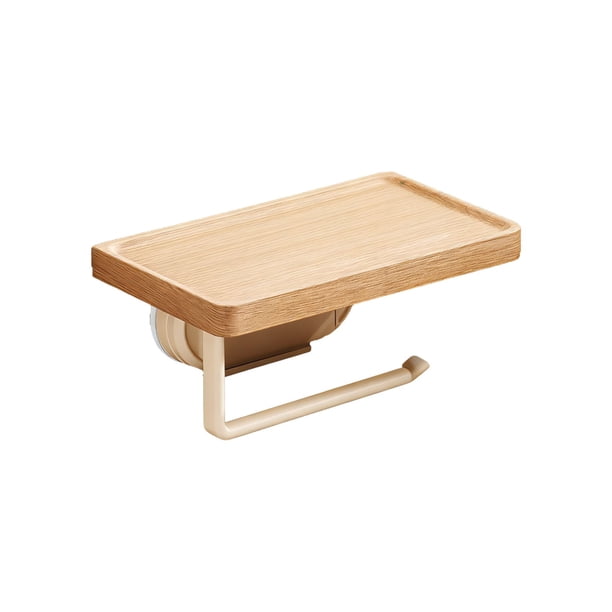 Soporte para papel higiénico de madera de haya con estante y ventosa. Estante para rollos de papel higiénico de baño sin necesidad de taladrar. Estante de almacenamiento de pared compacto para baño.