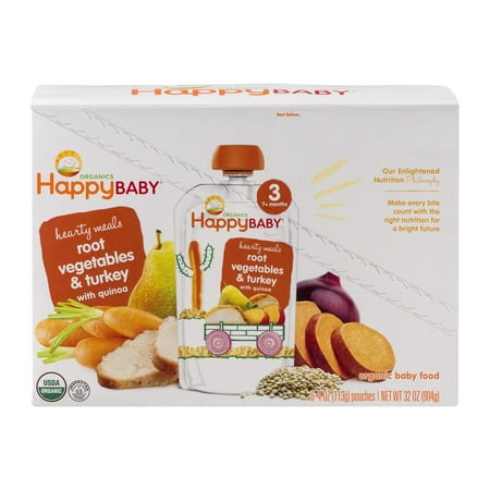 (8 Pack) Happy Baby Hearty Meals, Stage 3, Organic Baby Food, root vegetables & turkey with quinoa - 4oz