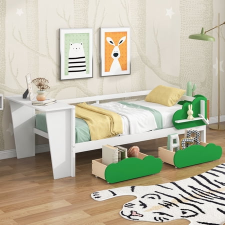 Bellemave Kids Twin Bed Frame with Desk, Tree Shaped Drawers and Shelves, Twin Size Daybed Frame for Boys & Girls, No Box Spring Needed (White)