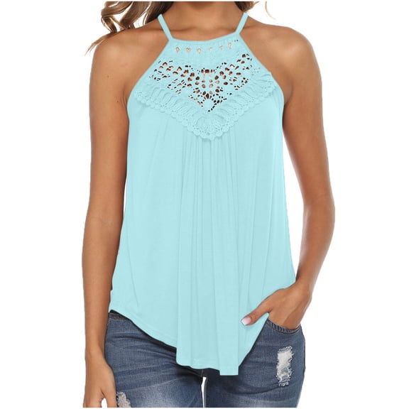 Karymi Summer Tops Halter Neck Crochet‑Lace Yoke Pleated Flowy Tank Top, Spaghetti‑Strap Casual Sleeveless Camisole, Boho‑Chic Summer Blouse Cute Tops for Women