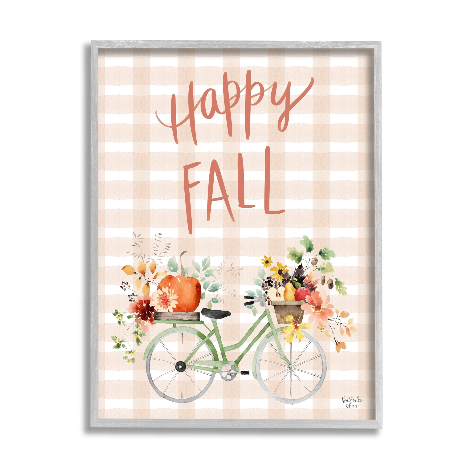 Stupell Industries Happy Fall Plaid Seasonal Flowers Blooming Bicycle Graphic Art Gray Framed Art Print Wall Art, Design by Heatherlee Chan