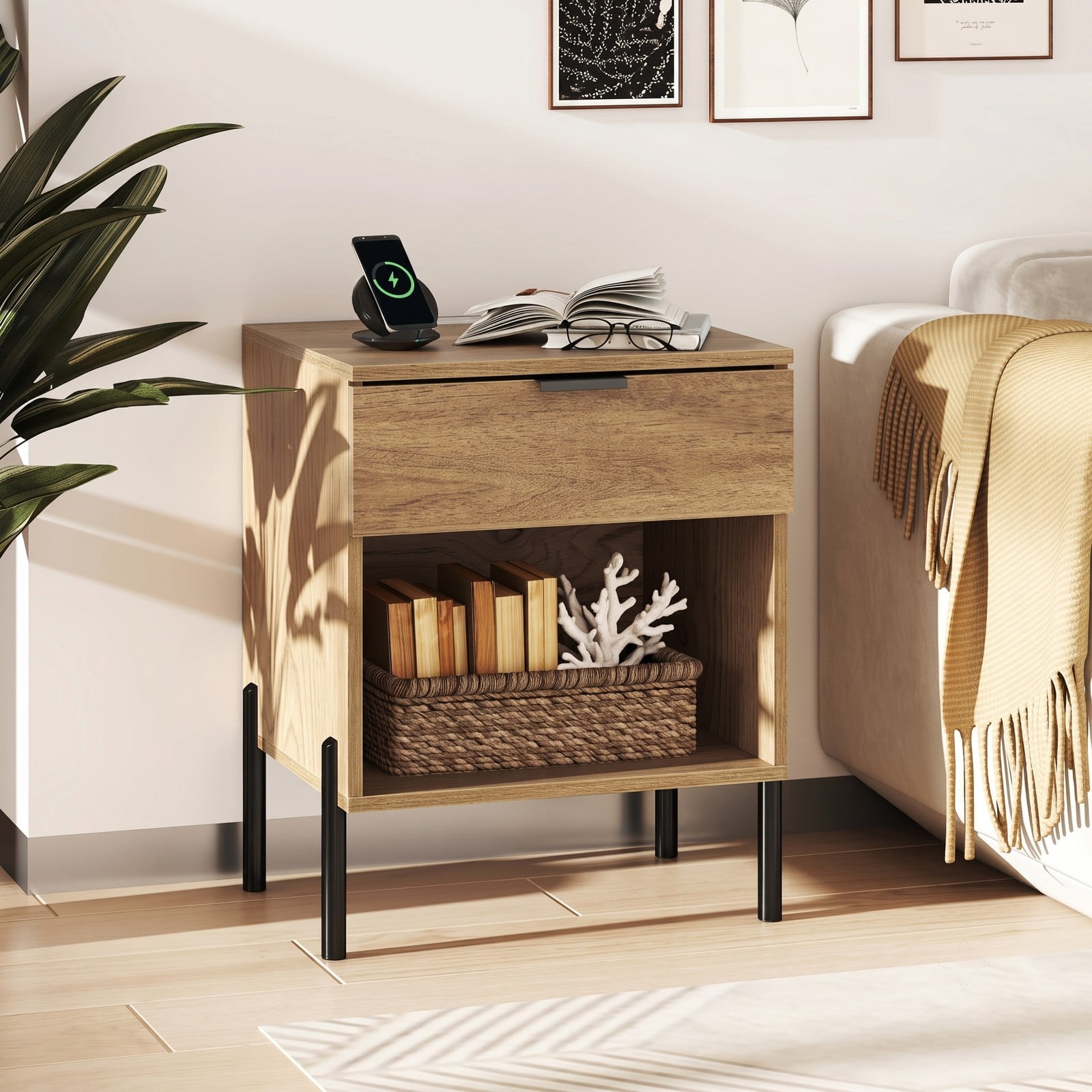 Furnibear Modern Nightstand with Charging Station for Bedroom, 1 Drawer and Open Compartment Bedside Table with Metal Legs, Natural