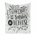 thumbnail image 1 of Saying Soft Flannel Fleece Throw Blanket, Vintage Calligraphy a Laugh is Sunshine in the House with Curlicues Leaves, Cozy Plush for Indoor and Outdoor Use, 70" x 90", Black and White, by Ambesonne, 1 of 6