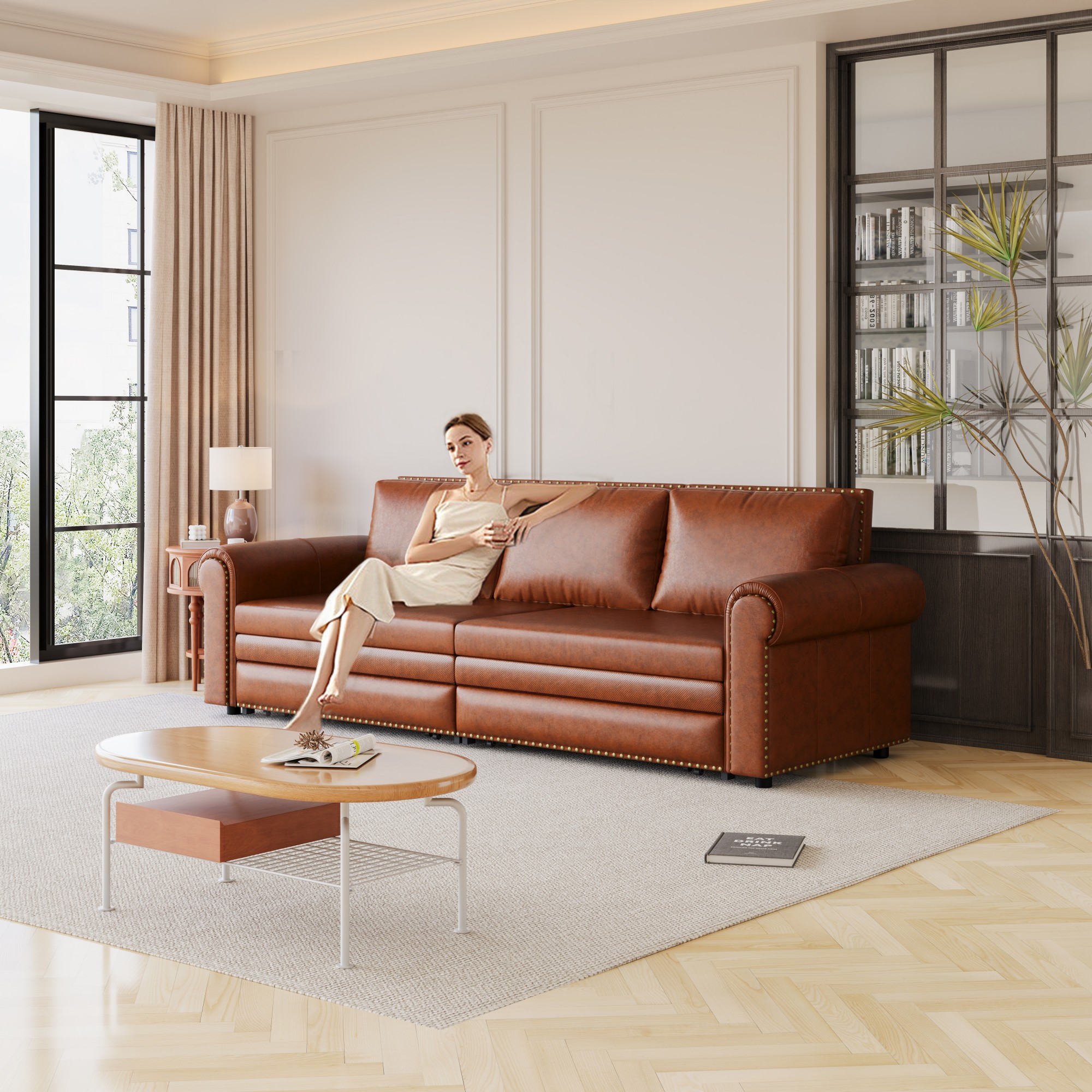 Aukfa 93.7" King Pull Out Sofa Bed, Faux Leather 3-in-1 Convertible Chesterfield Sleeper Sofa Couch with Nailhead Trim & Rolled Arms, Light Brown