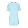thumbnail image 6 of Scyoekwg Summer Vacation 2 Piece Outfits for Women Short Sleeve Round Neck Tops Shorts Casual Solid Color Sweatsuits Sets Loose Trendy Tracksuit Matching Sets (Light Blue,XL), 6 of 6
