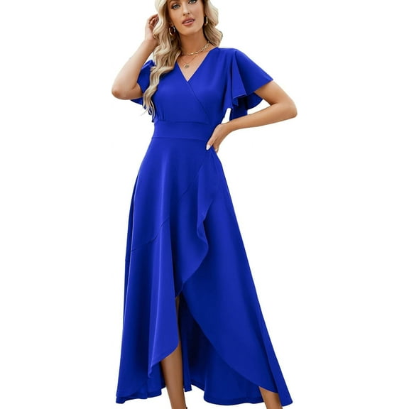 Women's Elegant V Neck Ruffle Sleeve Maxi Dress Solid Color Flowy Formal Cocktail Party Wedding Guest Work Dresses