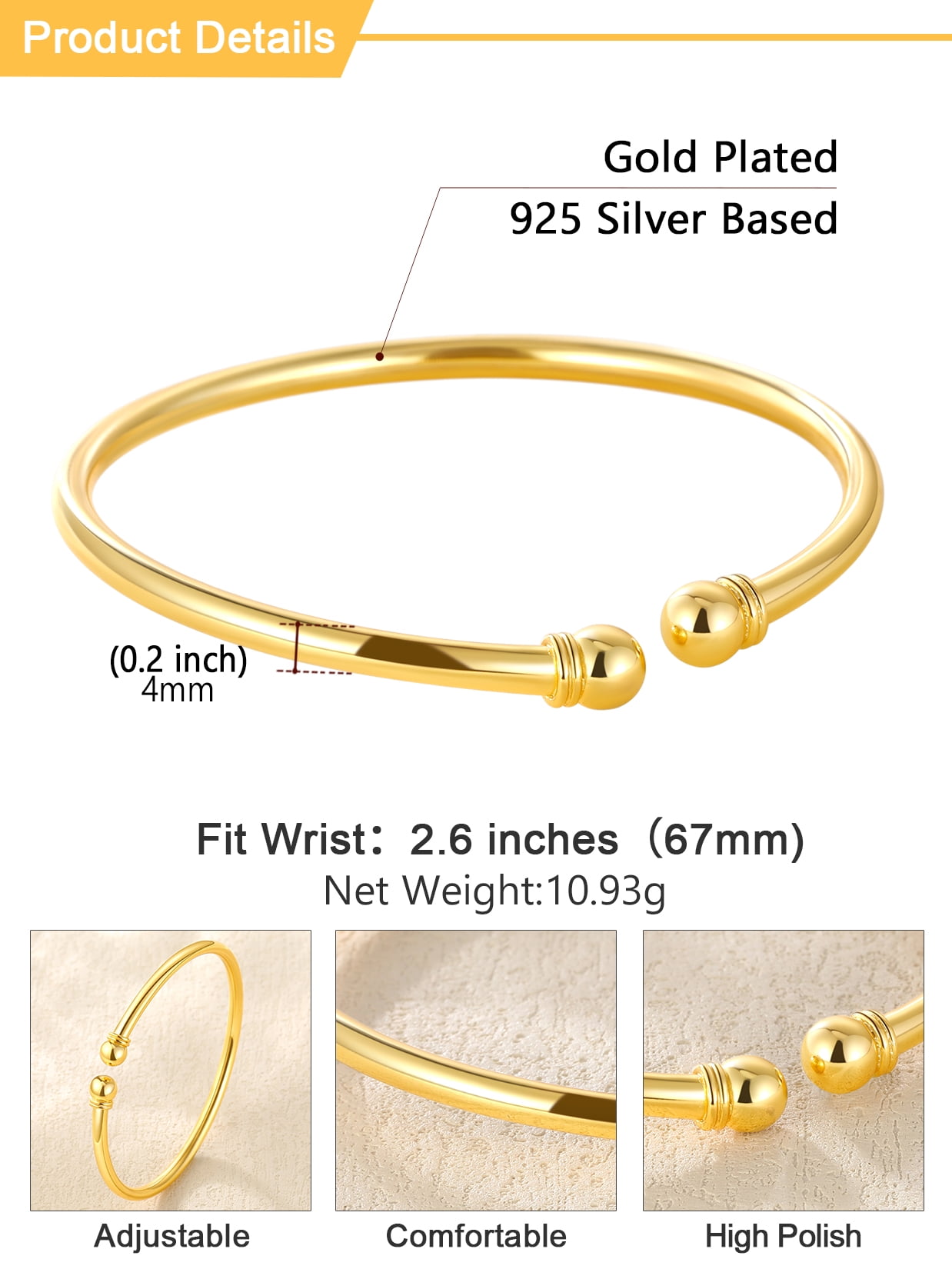 U7 Womens Bracelets 925 Sterling Silver Open Bangle Bracelet 7mm Round Ball Gold Plated Cuff Bangle Gift for Daughter